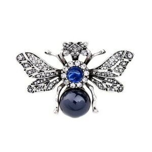 Blue Rhinestone Clear Crystal Bee Vintage Silver Statement Brooch